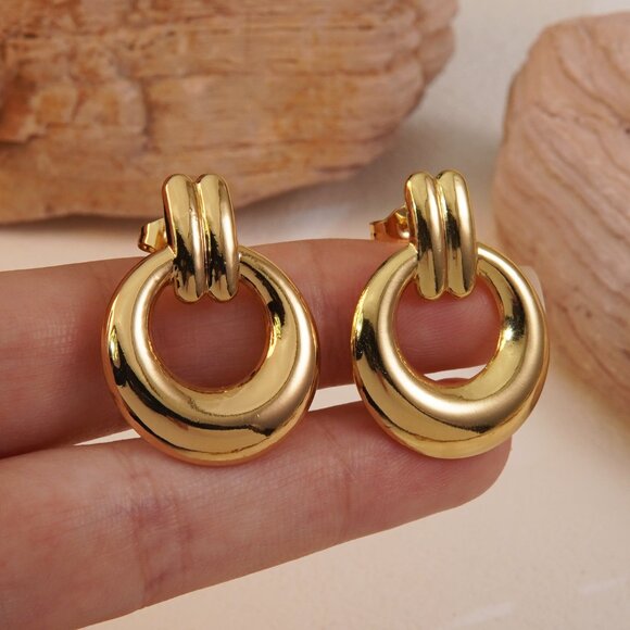 Gold Plated Circle Stud Earrings, Stainless Steel, Urban Elegant - Picture 3 of 9